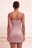 Sparkly Navy Strapless Bodycon Corset Short Homecoming Dress with Sash