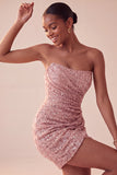 Strapless Pink Ruched Bodycon Sequin Homecoming Dress