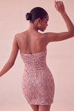 Strapless Pink Ruched Bodycon Sequin Homecoming Dress