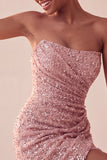 Strapless Pink Ruched Bodycon Sequin Homecoming Dress