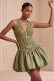 Halter Olive A Line Short Homecoming Dress with Sequins
