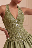 Halter Olive A Line Short Homecoming Dress with Sequins