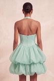 Pink Halter Tiered Ruffled Bubble A Line Short Homecoming Dress
