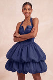 Pink Halter Tiered Ruffled Bubble A Line Short Homecoming Dress