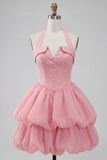 Pink Halter Tiered Ruffled Bubble A Line Short Homecoming Dress