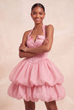 Pink Halter Tiered Ruffled Bubble A Line Short Homecoming Dress
