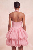 Pink Halter Tiered Ruffled Bubble A Line Short Homecoming Dress