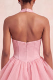 Pink Halter Tiered Ruffled Bubble A Line Short Homecoming Dress