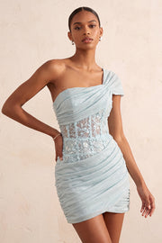 Light Blue One Shoulder Ruched Applique Corset Short Homecoming Dress