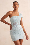 Light Blue One Shoulder Ruched Applique Corset Short Homecoming Dress