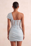 Light Blue One Shoulder Ruched Applique Corset Short Homecoming Dress