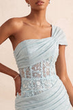 Light Blue One Shoulder Ruched Applique Corset Short Homecoming Dress