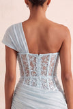 Light Blue One Shoulder Ruched Applique Corset Short Homecoming Dress