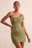 Light Blue One Shoulder Ruched Applique Corset Short Homecoming Dress