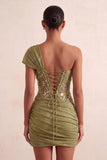 Light Blue One Shoulder Ruched Applique Corset Short Homecoming Dress