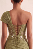 Light Blue One Shoulder Ruched Applique Corset Short Homecoming Dress