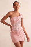 Light Blue One Shoulder Ruched Applique Corset Short Homecoming Dress