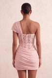 Light Blue One Shoulder Ruched Applique Corset Short Homecoming Dress