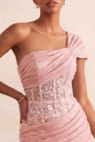 Light Blue One Shoulder Ruched Applique Corset Short Homecoming Dress