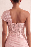 Light Blue One Shoulder Ruched Applique Corset Short Homecoming Dress