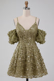 Olive Sequin Cold Shoulder A Line Short Homecoming Dress with Lace-up Back