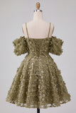 Olive Sequin Cold Shoulder A Line Short Homecoming Dress with Lace-up Back