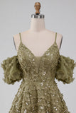 Olive Sequin Cold Shoulder A Line Short Homecoming Dress with Lace-up Back
