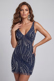 Navy Beaded Bodycon Backless Short Homecoming Dress