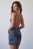 Navy Beaded Bodycon Backless Short Homecoming Dress