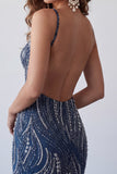 Navy Beaded Bodycon Backless Short Homecoming Dress