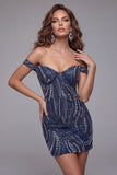 Off The Shoulder Navy Beaded Sequin Bodycon Short Homecoming Dress