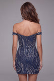 Off The Shoulder Navy Beaded Sequin Bodycon Short Homecoming Dress