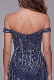 Off The Shoulder Navy Beaded Sequin Bodycon Short Homecoming Dress