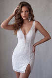 White Bodycon Beaded Sequin Homecoming Dress with Slit