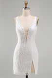 White Bodycon Beaded Sequin Homecoming Dress with Slit