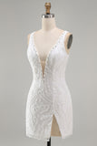 White Bodycon Beaded Sequin Homecoming Dress with Slit