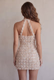 Halter Champagne Floral Corset Sequin Homecoming Dress with Slit