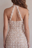 Halter Champagne Floral Corset Sequin Homecoming Dress with Slit