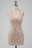 Halter Champagne Floral Corset Sequin Homecoming Dress with Slit