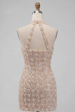 Halter Champagne Floral Corset Sequin Homecoming Dress with Slit