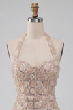 Halter Champagne Floral Corset Sequin Homecoming Dress with Slit