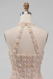 Halter Champagne Floral Corset Sequin Homecoming Dress with Slit