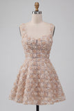 Champagne Floral A Line Homecoming Dress with Sequins