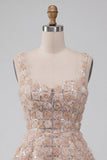 Champagne Floral A Line Homecoming Dress with Sequins