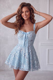 Sequin A Line Sky Blue Homecoming Dress with Bow