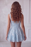 Sequin A Line Sky Blue Homecoming Dress with Bow