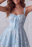 Sequin A Line Sky Blue Homecoming Dress with Bow