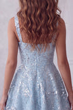 Sequin A Line Sky Blue Homecoming Dress with Bow