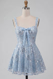 Sequin A Line Sky Blue Homecoming Dress with Bow