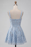 Sequin A Line Sky Blue Homecoming Dress with Bow